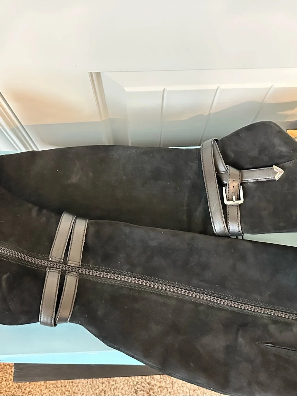 ANTONIO MELANI Black Suede Knee-High Buckle Boots